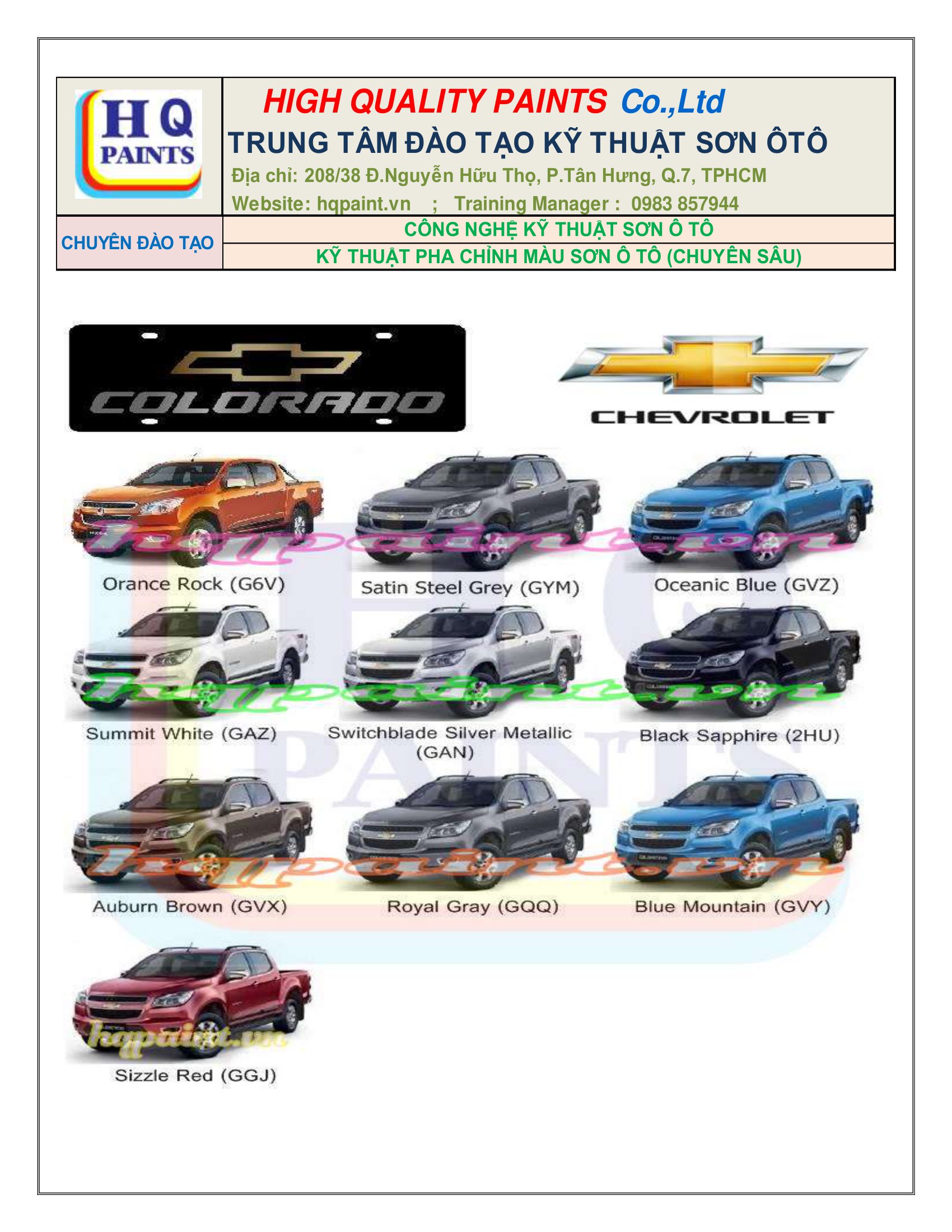 Mã màu xe Chevrolet Colorado